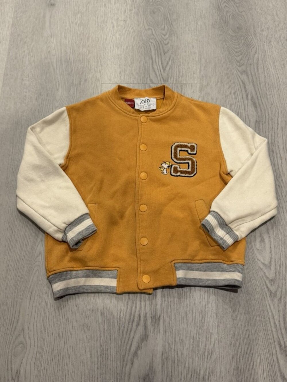 Zara Kids Peanuts Snoopy Varsity Jacket Mustard Yellow Size 8 Made in Morocco